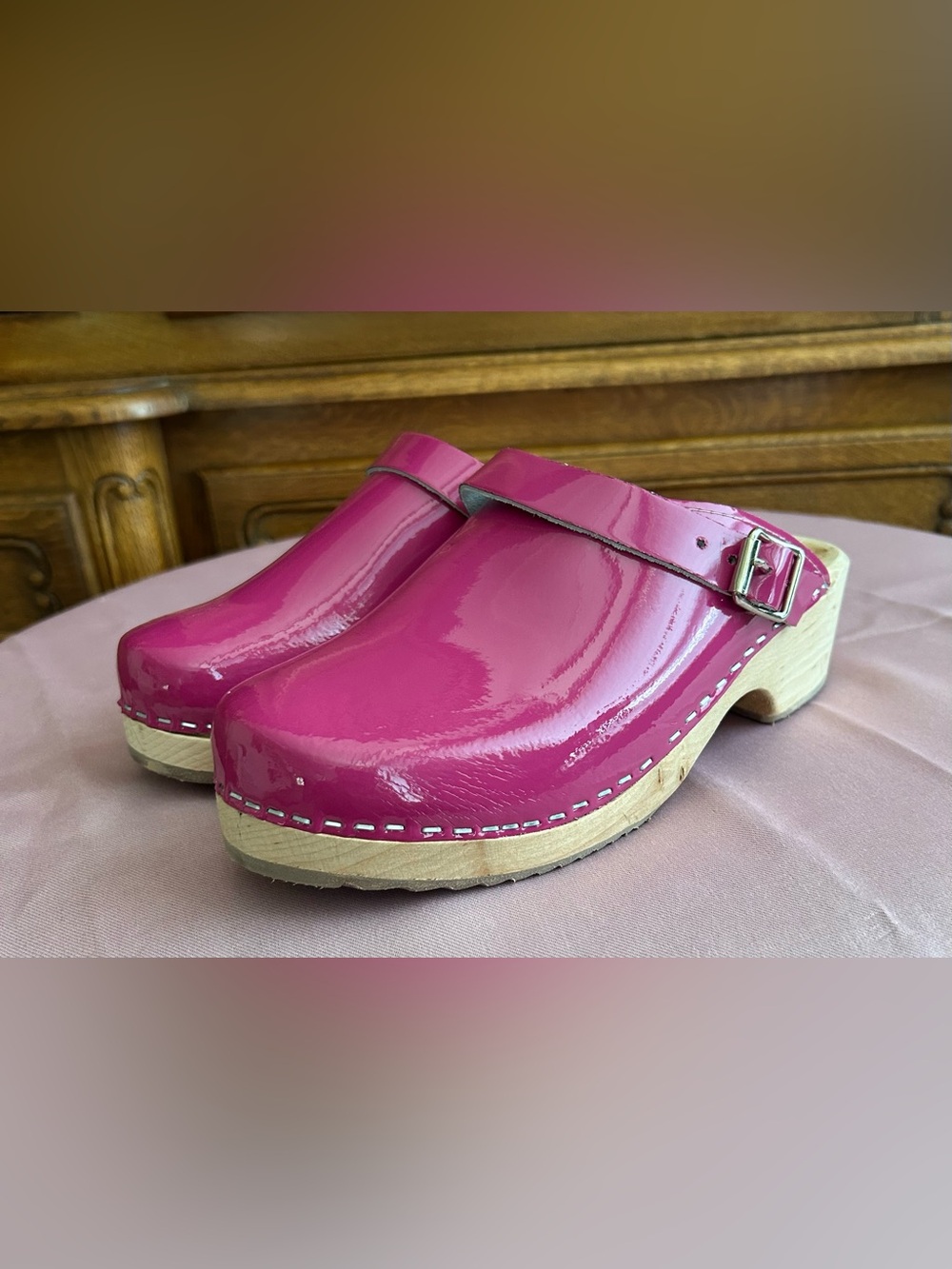 VERKA 
Women’s Wooden Patent Pink Clog Mules with Silver Buckle